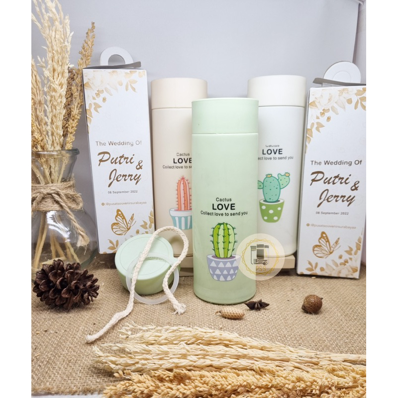 Botol Minum Kaca Kaktus + Cetak Box Souvenir Nikah Promosi Grosir Termurah
