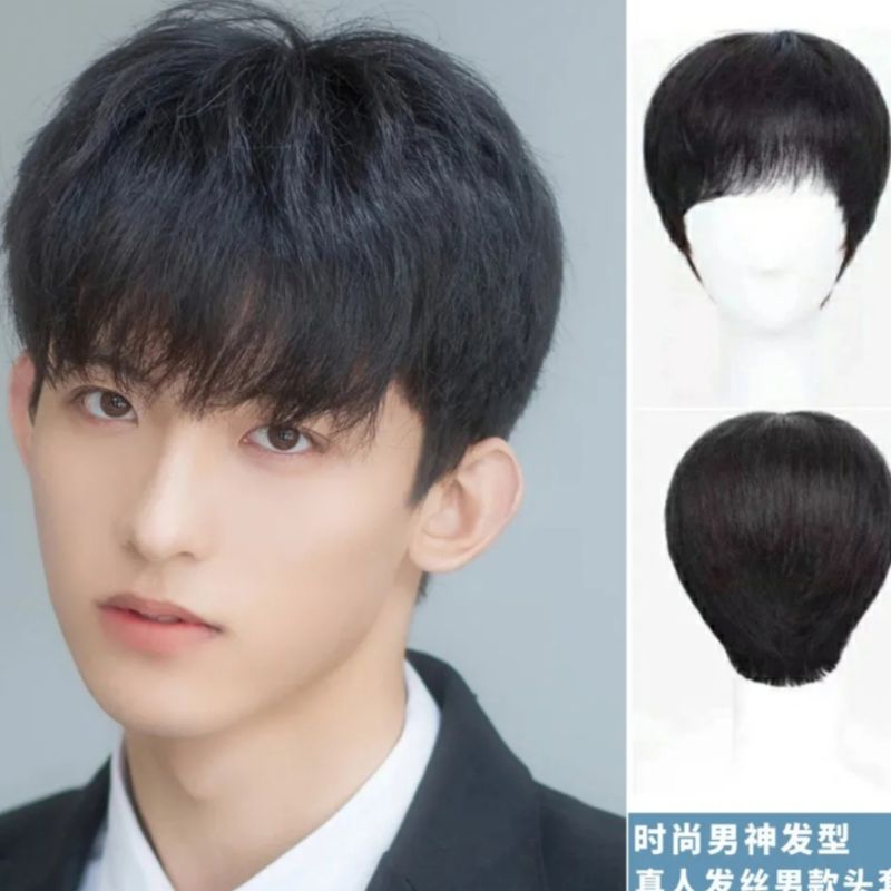 WIG PRIA LURUS PENDEK RAMBUT PALSU PRIA DENGAN PONI VERSI PRIA KOREA TAMPAN