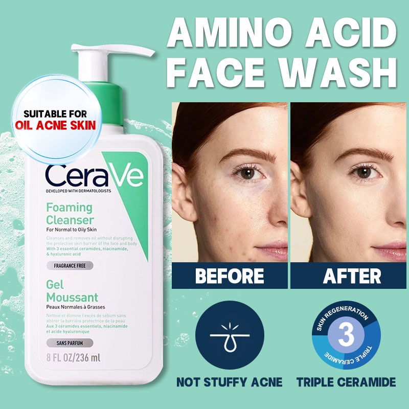 Cerave Foaming Facial Cleanser Amino Acid 236ml For Normal To Oily Skin USA 100% Original