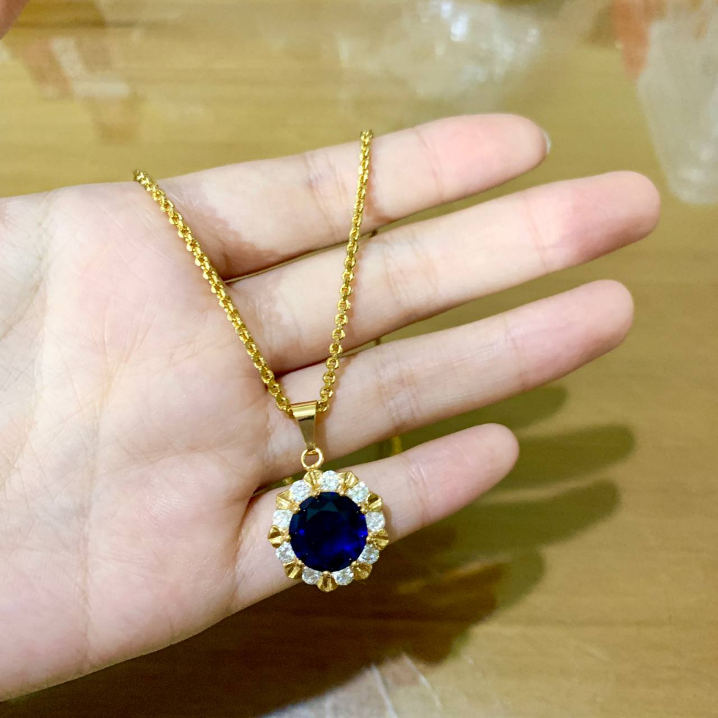 JT - Xuping Kalung Set Emas Motif Diamond Sapphire Bulat Aksesoris Wanita Cantik