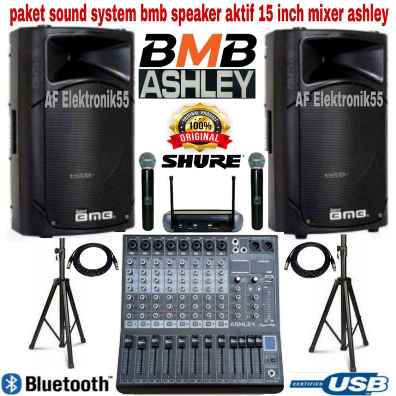 Paket Sound System BMB Speaker 15 Inch Aktif + mixer Ashley Original
