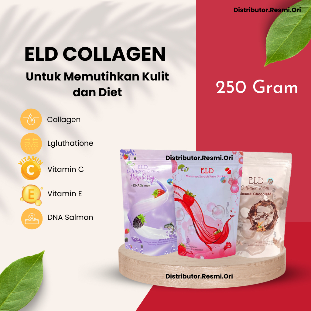 ELD COLLAGEN DRINK 250 GRAM ORIGINAL ALMOND CHOCOLATE RASPBERRY DAN STRAWBERRY DNA SALMON MINUMAN COLAGEN PEMUTIH PELANGSING DETOX DIET