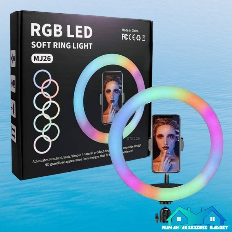 RGB LAMPU RINGLIGHT LED 26 CM TRIPOD 2,1M TIKTOK VLOG KONTEN YOUTUBE LIVE PENERANGAN warna pelangi