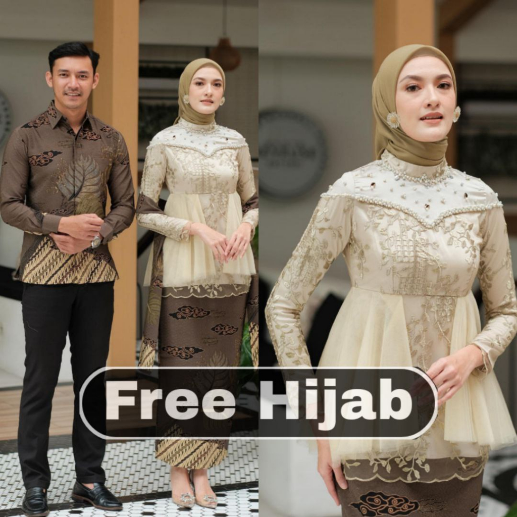 (ADA JUMBO) Set Kebaya Couple Kemeja Batik Lengan Panjang | Kebaya Amera Series Bonus Hijab