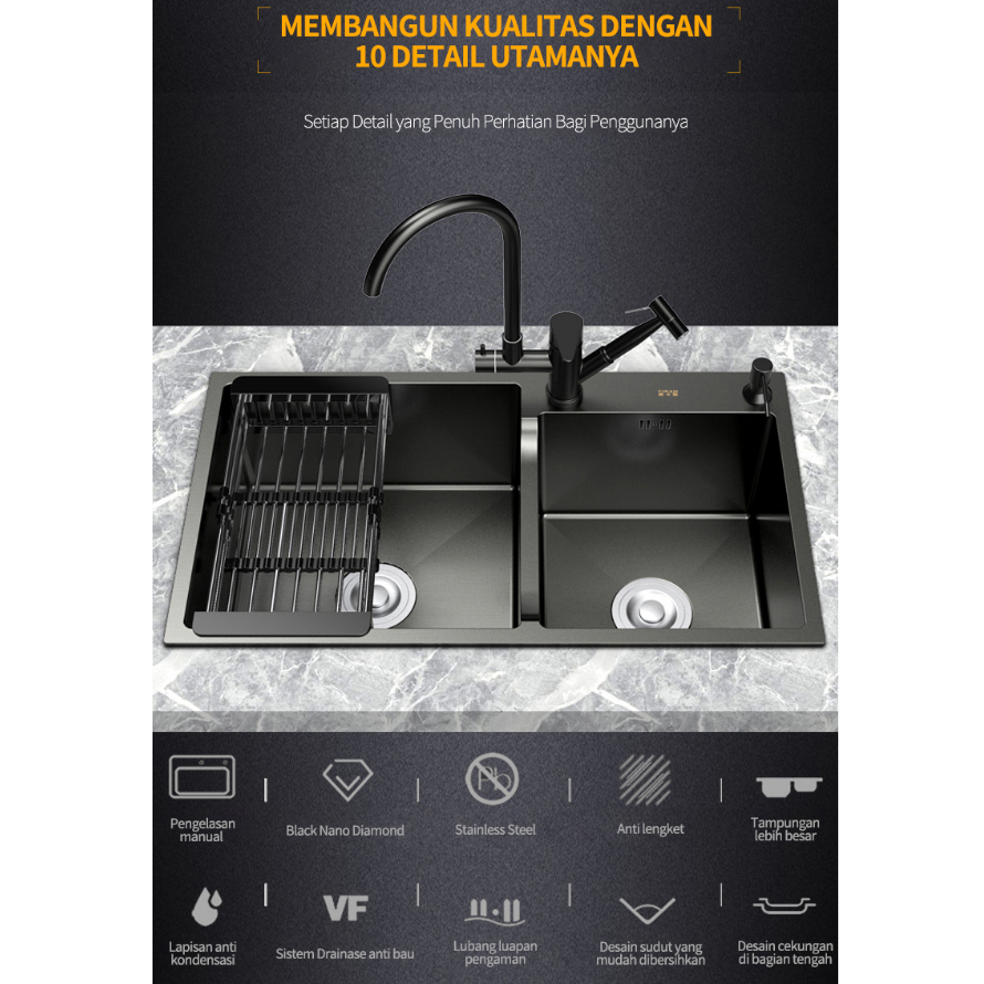 Paket Kitchen Sink Stainless 304 / Black Faucet Tarik Adjustable / Set Wastafel Dapur