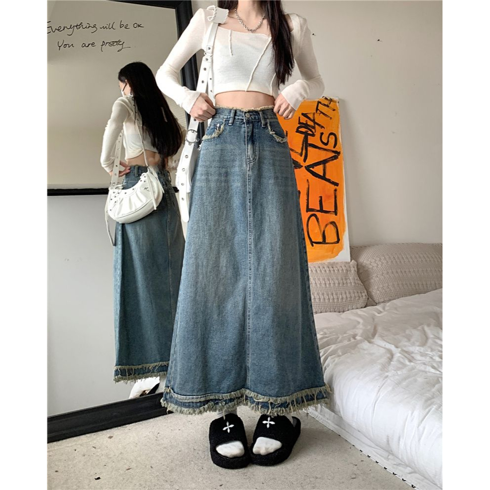 Rok Jeans Wanita Panjang Model Terbaru Dengan Pinggang Tinggi Dan Longgar