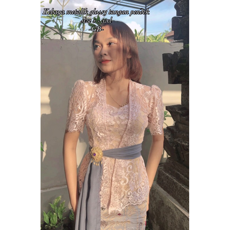 Kebaya Brokat Metalik Glossy Lengan Pendek Model Pundak Kerut