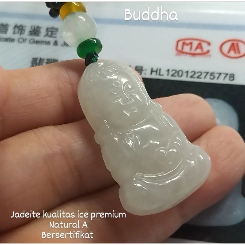 Giok Buddha Jadeite Asli Premium Kualitas Es Bersertifikat Grade A (5778)