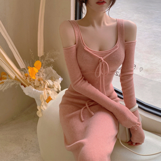 【Premium】Dress Midi Solid Color Long Sleeve knit Bodycon Dress 7549