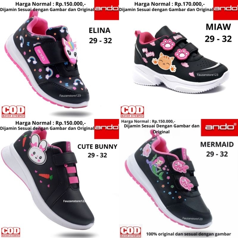 SEPATU SEKOLAH ANAK PEREMPUAN ANDO MINICORN ELINA MERMAID MIAW HITAM PINK PEREKAT KARAKTER PAUD TK SD ORIGINAL