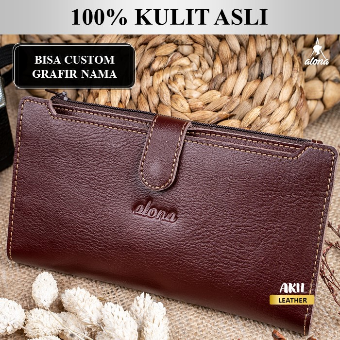 Dompet Panjang Kulit Wanita Branded Alona Evelyn Leather Wallet Bahan 100% Kulit Sapi Asli Original Premium Cewek Terbaru