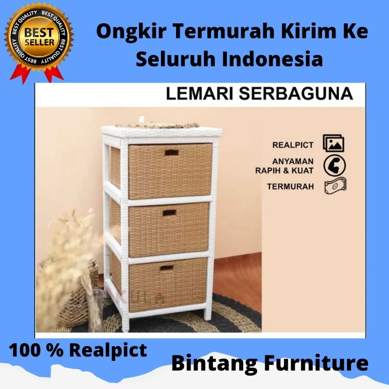 Lemari Rotan Sintetis 3 Laci Rak Susun Serbaguna Murah