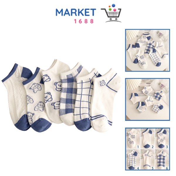 Market1688  Kaos Kaki Wanita Pria Pendek 6578 Kaos Kaki Beruang Unisex Semata Mata Kaki Ankle Motif Bear Kotak-Kotak Garis Biru Socks Korean Model Simple Cute