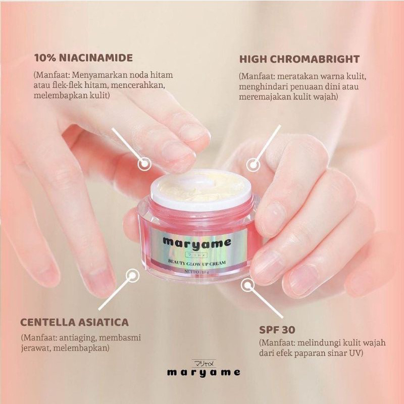 MARYAME Beauty Glow Up Cream All in One | Maryame Beaute Glow Up Krim Pemutih Wajah Glowing Anti Aging Penghilang Flek Hitam Jerawat Hiperpigmentasi Cream Ajaib Maryame Moisturizer Serum Daycream Vitamin Sunscreen Spf 30 Viral BPOM