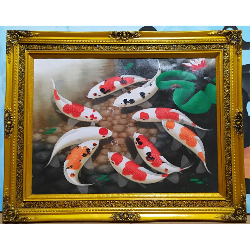 lukisan ikan koi asli kanvas bukan print atau cetakan asli tangan