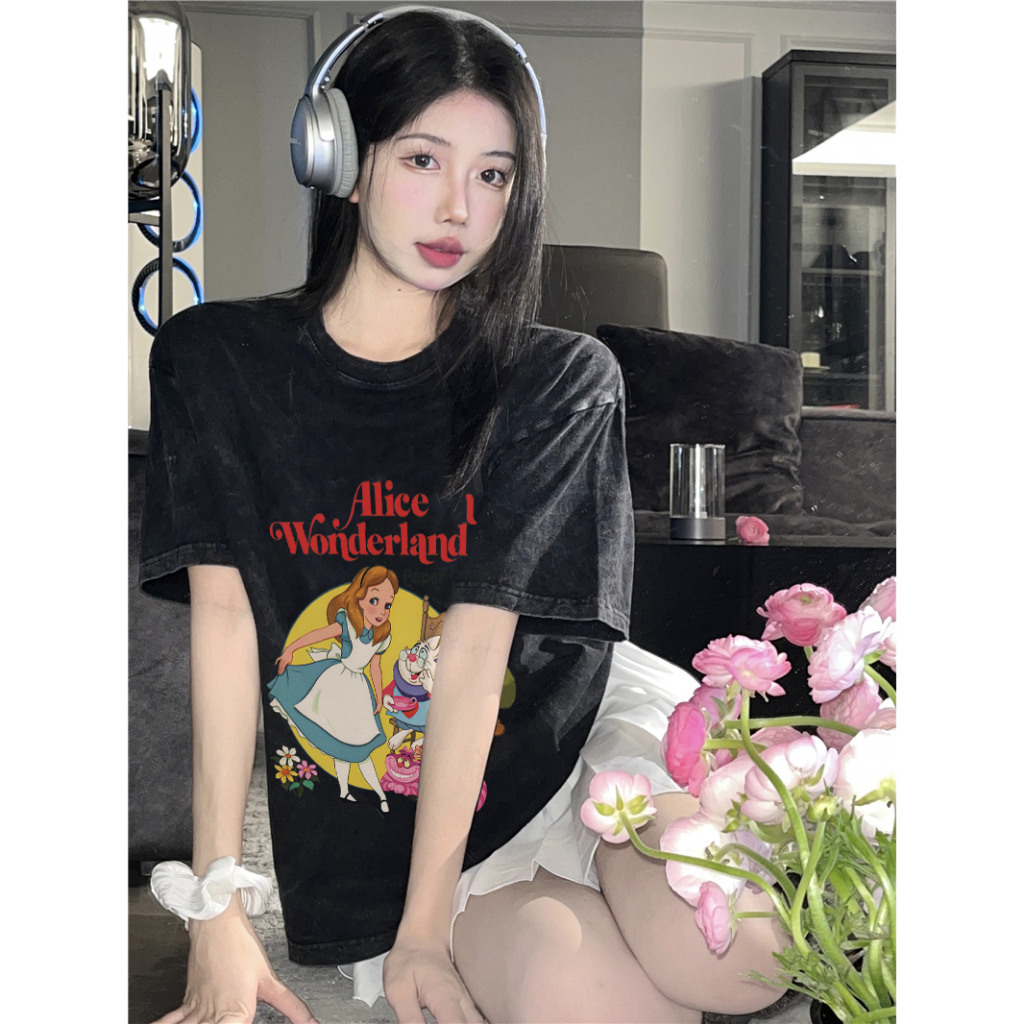 EUNII T-shirt Lengan Pendek Black Washed Cartoon Alice Printing Korean Style/Kaos Atasan Wanita/Baju Wanita