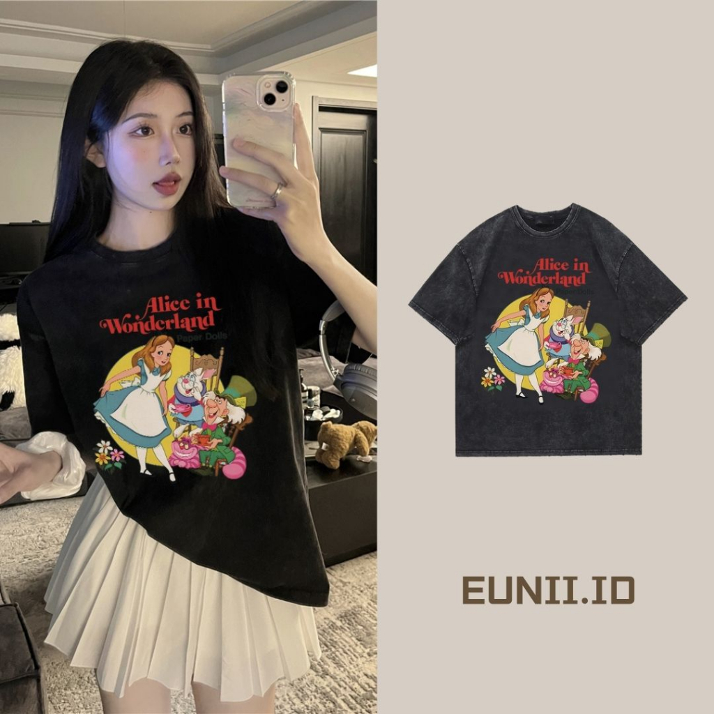 EUNII T-shirt Lengan Pendek Black Washed Cartoon Alice Printing Korean Style/Kaos Atasan Wanita/Baju Wanita