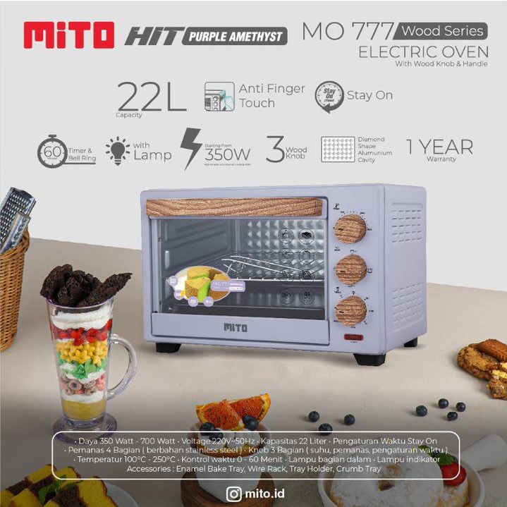 Mito Oven HIT MO-777 (22 L) / MO777 WOOD HANDLE 22 Liter Oven Listrik Low Watt ORIGINAL Watt Rendah