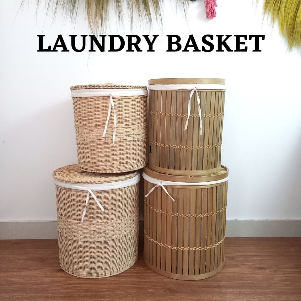 Keranjang Laundry / Keranjang Baju Kotor Dengan Tutup Dan Kain Serbaguna Anyaman Asli Bambu / Rotan