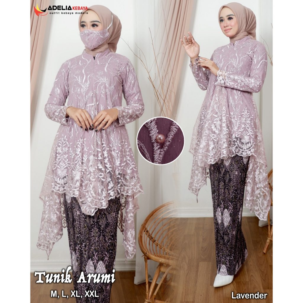 ( COD ) Setelan kebaya tunik arumi tulle - outfit kekinian - kebaya modern - motif elegan - bahan tulle bordir mutiara - pakaian pesta keluarga, wisuda, baju akad ataupun nikahan