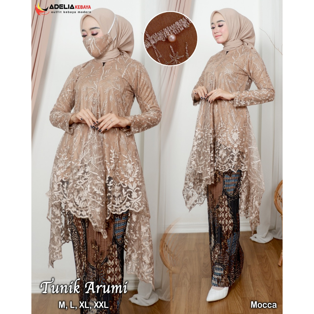 ( COD ) Setelan kebaya tunik arumi tulle - outfit kekinian - kebaya modern - motif elegan - bahan tulle bordir mutiara - pakaian pesta keluarga, wisuda, baju akad ataupun nikahan