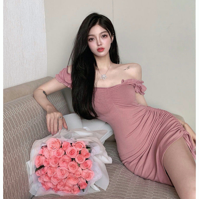 Cohan DR826 ONE LINE NECK BUBBLE SLEEVED DRESS FOR WOMEN'S SUMMER  DRAWSTRING DESIGN SENSE, NICHE SPICY GIRL TEMPERAMENT PINK DRESS