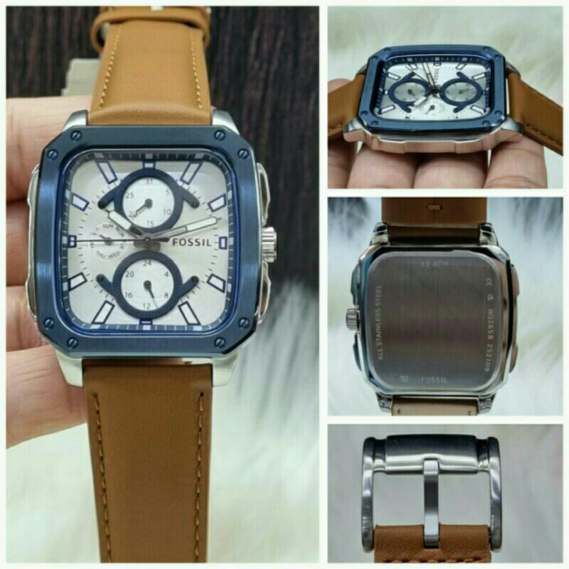 Jam Tangan Wanita Fossil Batre Crono Ring Stainless Tali Kulit Kualitas Original