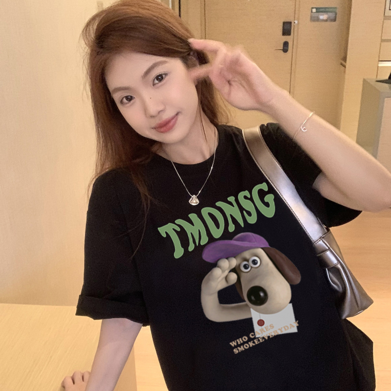 EUNII T-shirt Lengan Pendek Cartoon Salute Harpy Dog Printing Korean Style/Kaos Atasan Wanita/Baju Wanita/Kaos Wanita