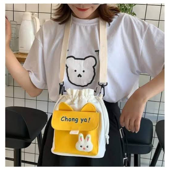 tas selempang canvas serut Chong ya rabbit cute CYR tas slingbag original