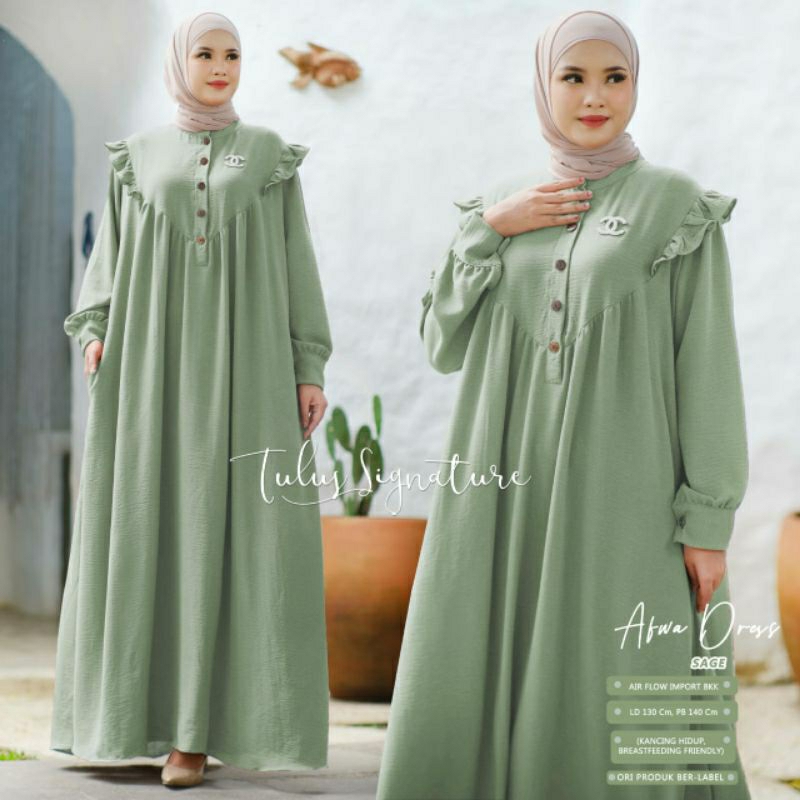TULUS SIGNATURE Afwa gamis jumbo ld 130 pb 140 bahan airflow kancing hidup busui friendly gamis sage