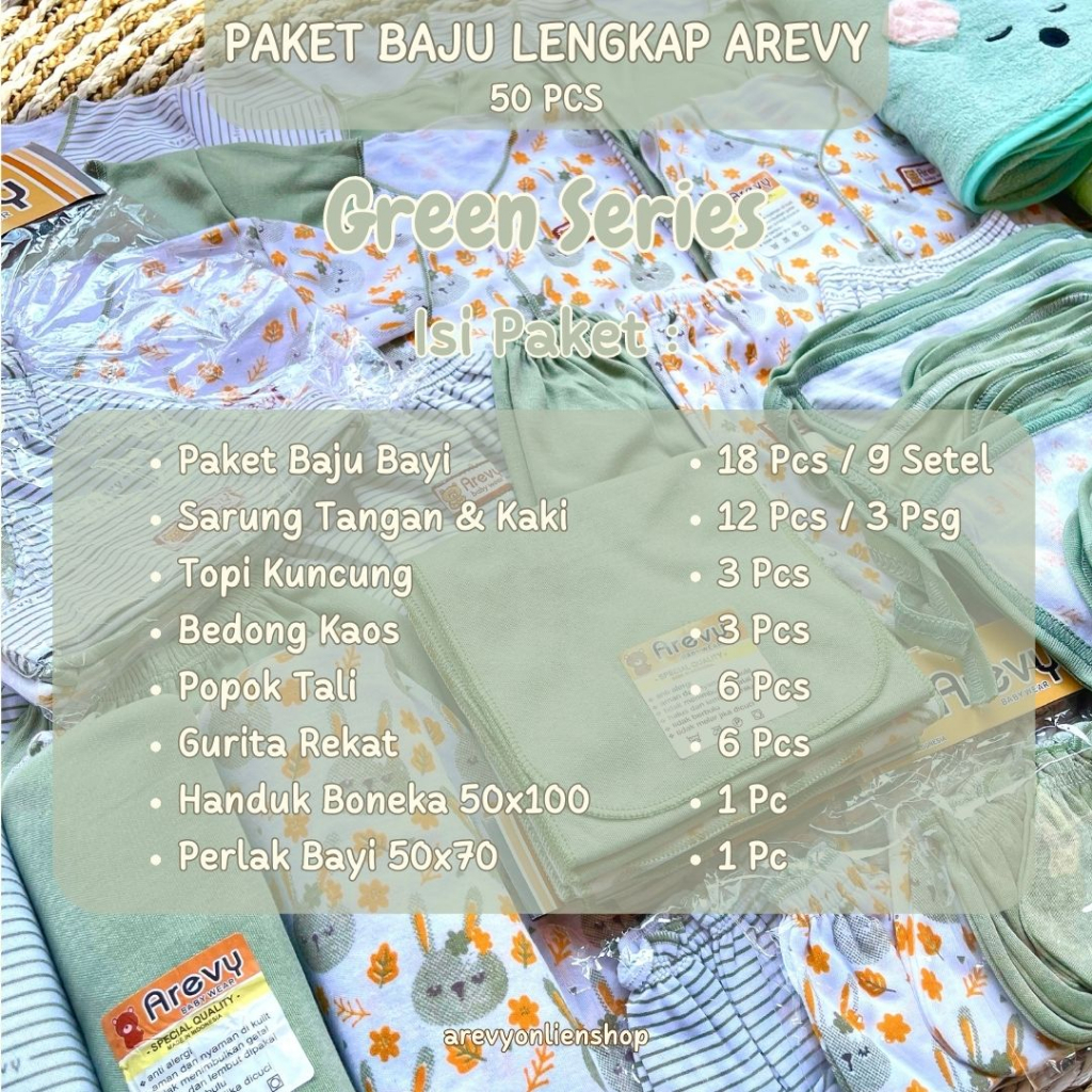 Arevy Babywear Paket Baju Bayi 50 Pcs Seri Green Paket Hemat Super Lengkap Murah Berkualitas Komplit Perlengkapan Baby Newborn 0-3 Bulan