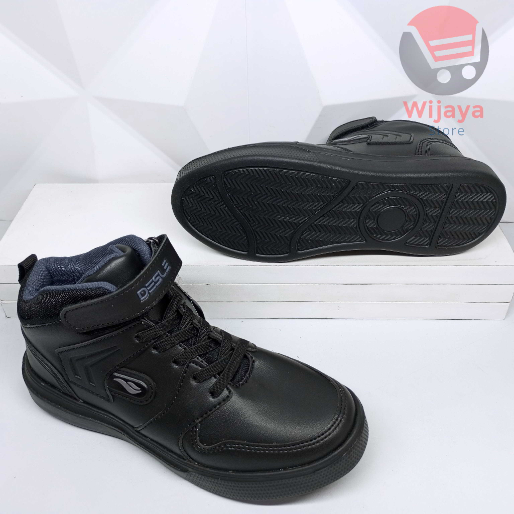 Sepatu Sekolah Desle 34-37 Sneaker Anak Boot Tinggi Hitam Polos Putih Bahan Kulit Sintetis Premium Strap Velcro CALVIN LUTHER KEVIN COSTNER