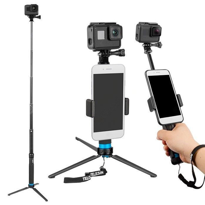 Telesin Tongsis Monopod Tripod dengan Mount GoPro &amp; Smartphone Holder - GP-MNP-090-S - Black