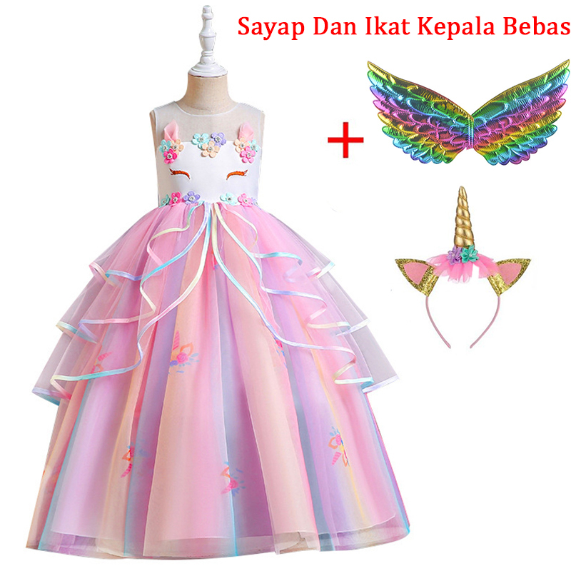 Ready Stock Gadis Putri Unicorn Dress + Sayap + Bando 3 Pcs Set Pesta Ulang Tahun Pernikahan Anak Perempuan Rainbow Dress