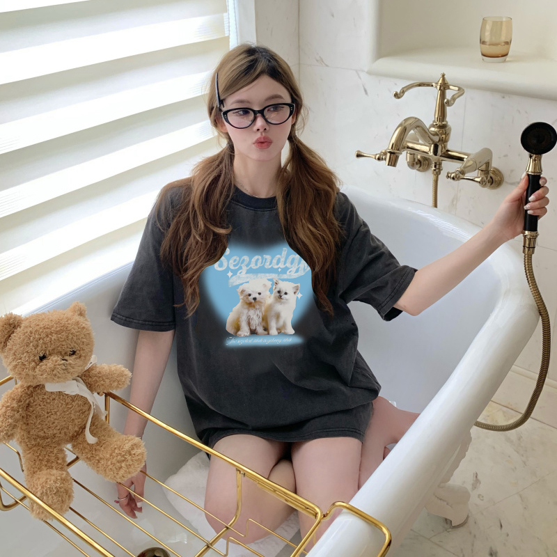 Print Washed T-shirt Kaos Lengan Pendek Oversize Cartoon Blue Cat Korean Style Atasan Wanita