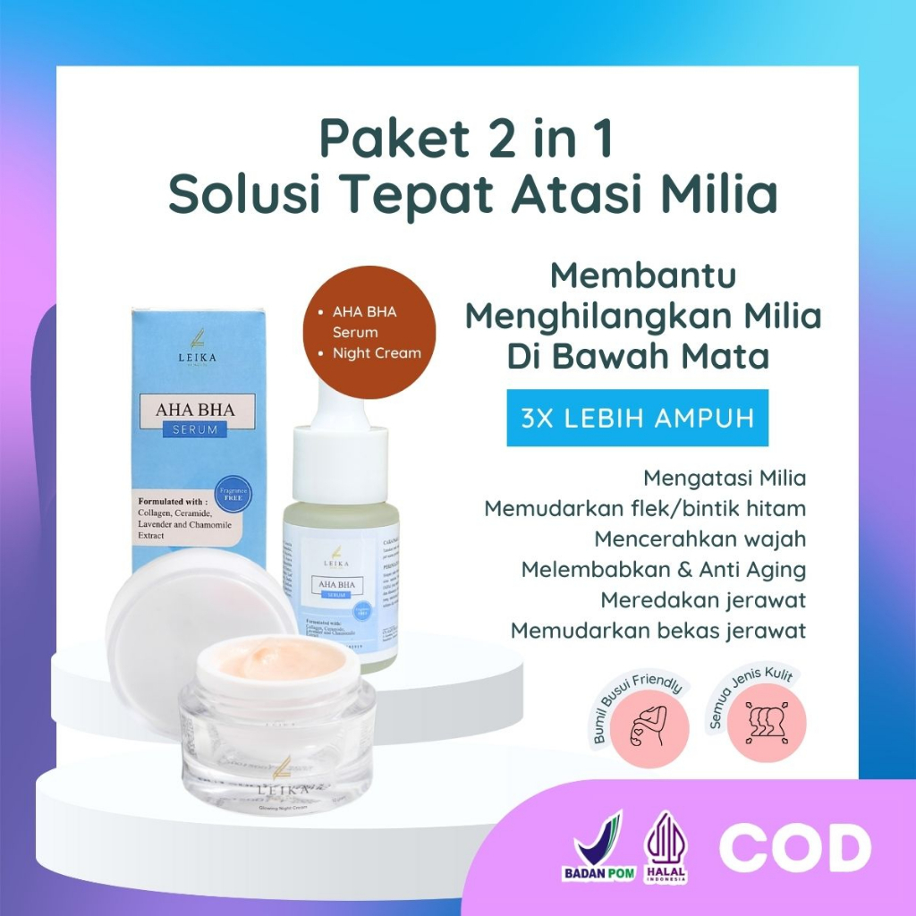 Paket 2 in 1 Penghilang Milia Paling Ampuh Serum AHA BHA & Glowing Night Cream Untuk Menghilangkan M