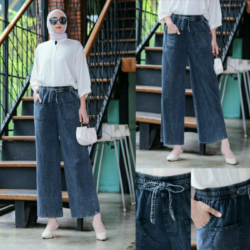 Dinna Kulot Jeans, CELANA KULOT JEANS WANITA CANTIK MODIS FIT XL BAHAN JEANS WASH IMPORT PINGGANG KARET TERMURAH OOTD TERLARIS