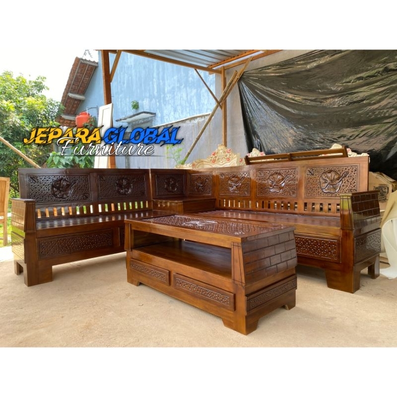 Kursi Tamu minimalis Sudut bunga Laci REAL PICT JGF (kursi Tamu jati, kursi sudut murah,kursi jati )