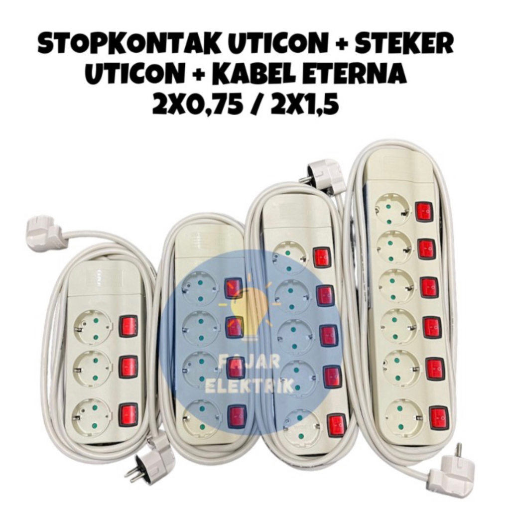 STOP KONTAK UTICON 3 4 5 6  LUBANG SAKLAR TERSENDIRI + KABEL ETERNA 2X0,75 (1- 10 METER) +STEKER UTICON