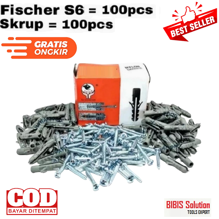 PAKET 100 PASANG SKRUP TAPPING 6X1 PLUS BAUT PLASTIK S6 BAUT BETON TEMBOK PSER S 6