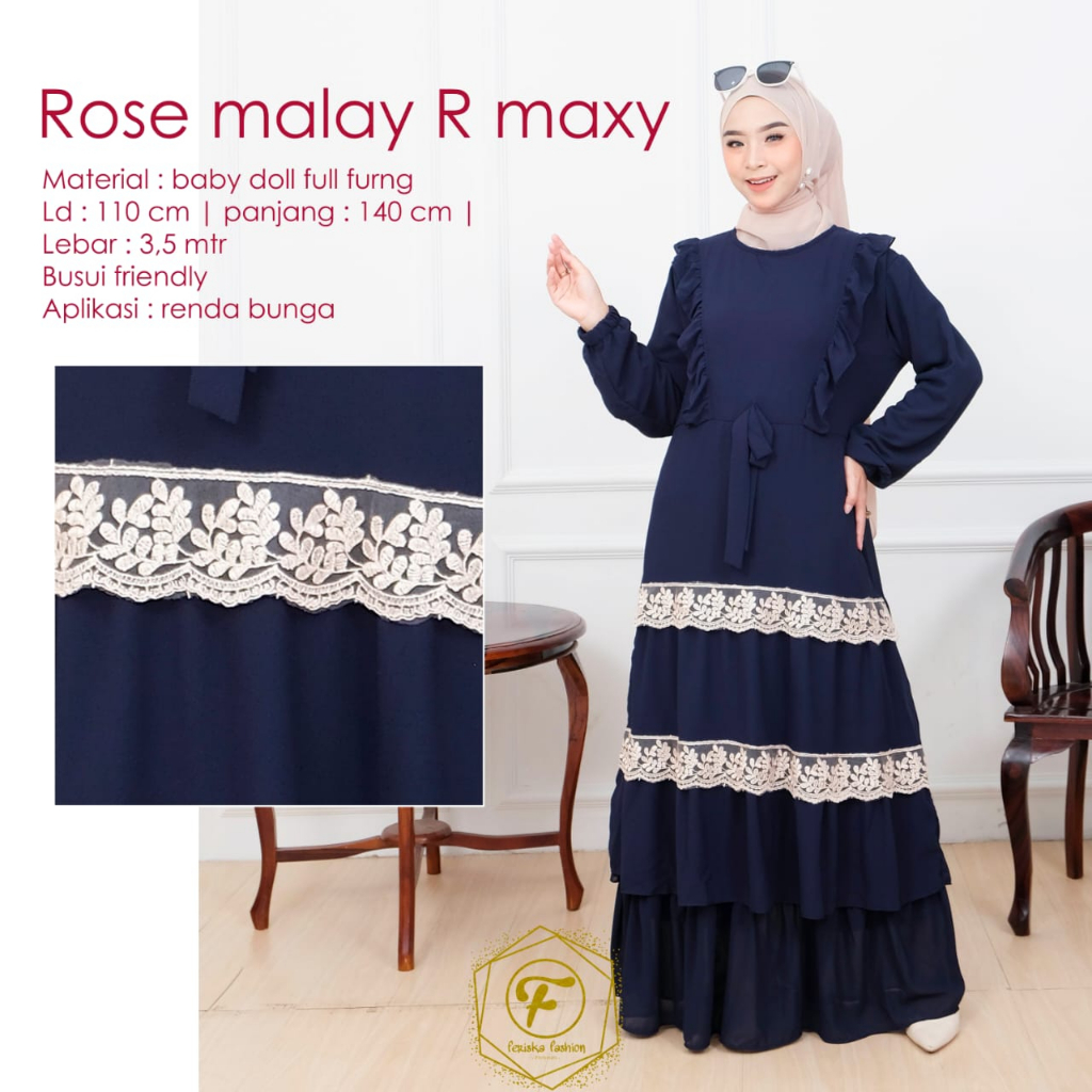 Gamis dress ROSE MALAY renda bunga umpak busui kekinian kondangan pesta ootd