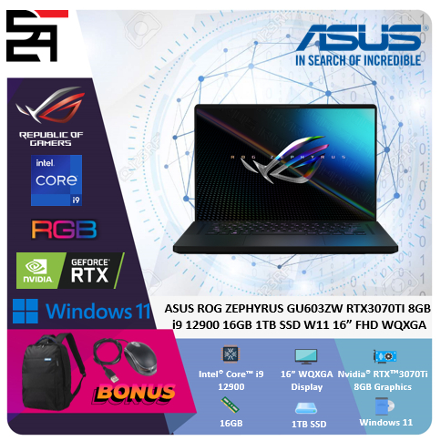 Asus ROG Zephyrus GU603ZW RTX3070TI-8GB i9 12900 16GB 1TB SSD W11 16 Inchi FHD WQXGA