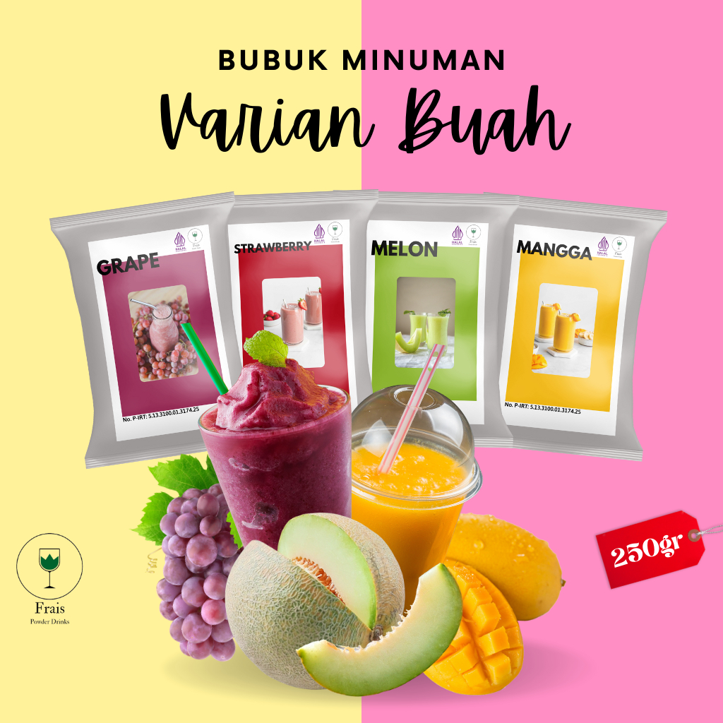 

BUBUK MINUMAN RASA BUAH 250GR / SERBUK MINUMAN ANEKA RASA / POWDER MINUMAN / MINUMAN KEKINIAN BOBA / MINUMAN KEKINIAN / BUBUK MINUMAN ANEKA RASA