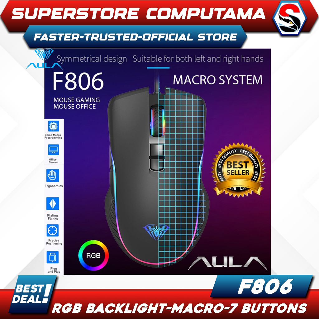 Mouse Gaming AULA F806–2400DPI-RGB Backlight-Macro-7 Buttons