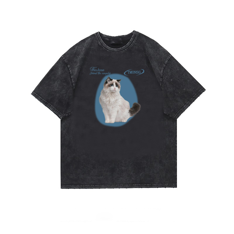 Vintage T-shirt Hitam Washed Cute Cat printing Oversize Kaos Lengan Pendek Baju Wanita Korean Style