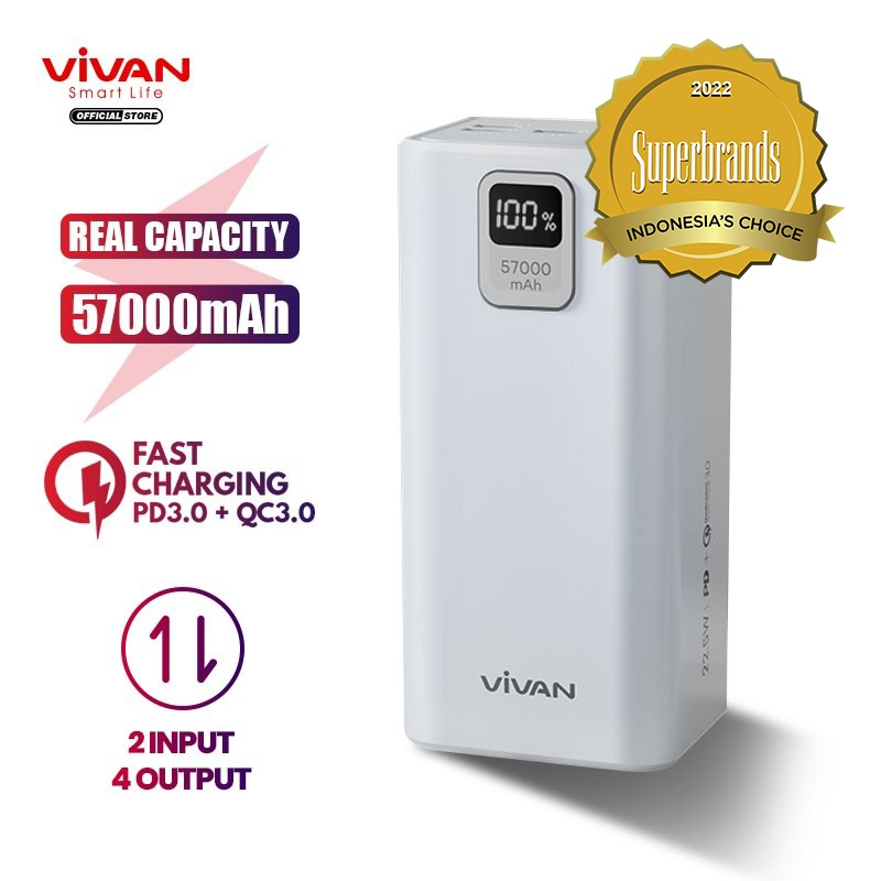 VIVAN Power Bank 57000mAh Power Delivery Quick Charge 3.0 VPB-B60 Black Garansi Resmi 1 Tahun by.minigo