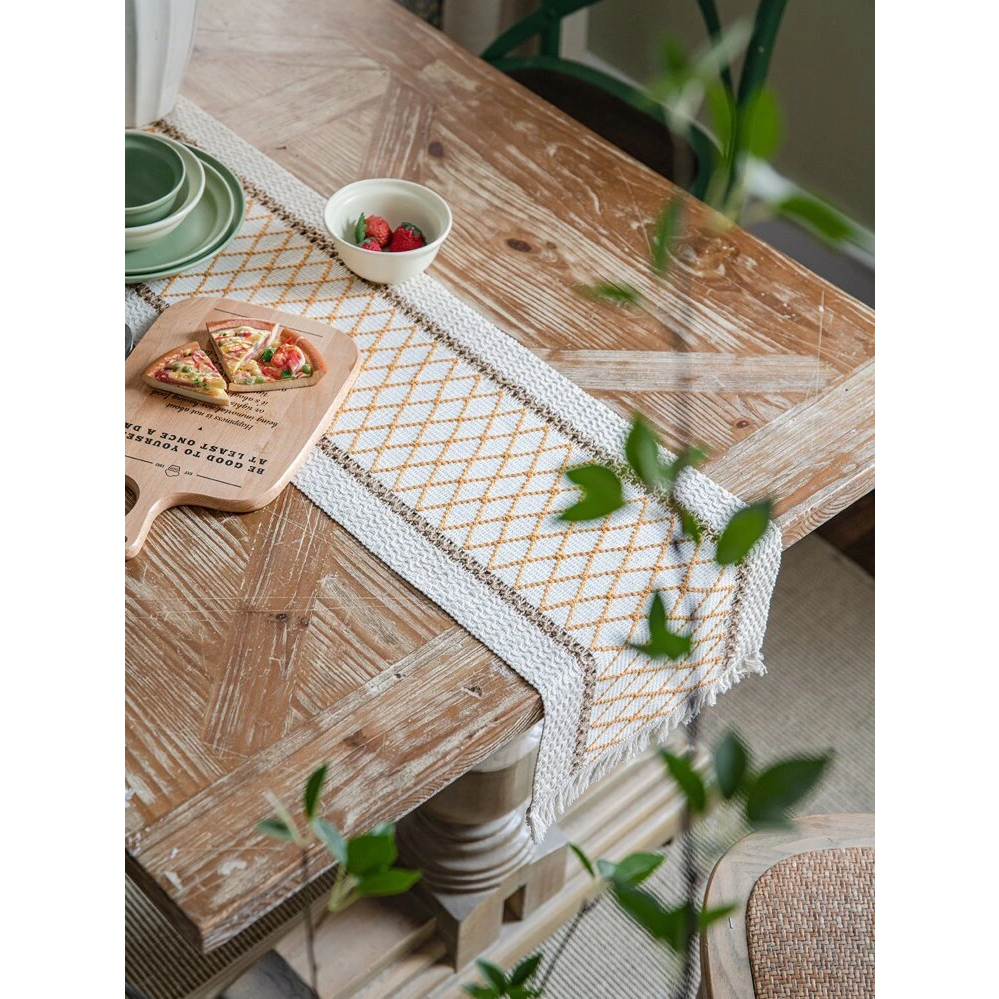 Table Runner Meja Makan Table Runner Premium Rajut Yellow Strip