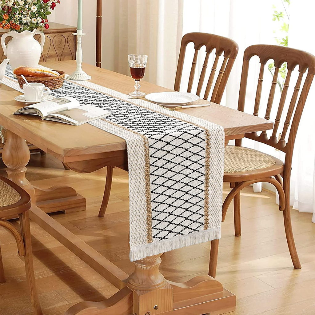 Table Runner Meja Makan Table Runner Premium Rajut Black Strip