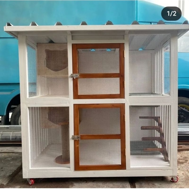 Kandang kucing tingkat lengkap mainan rumah hewan bahan kayu outdoor