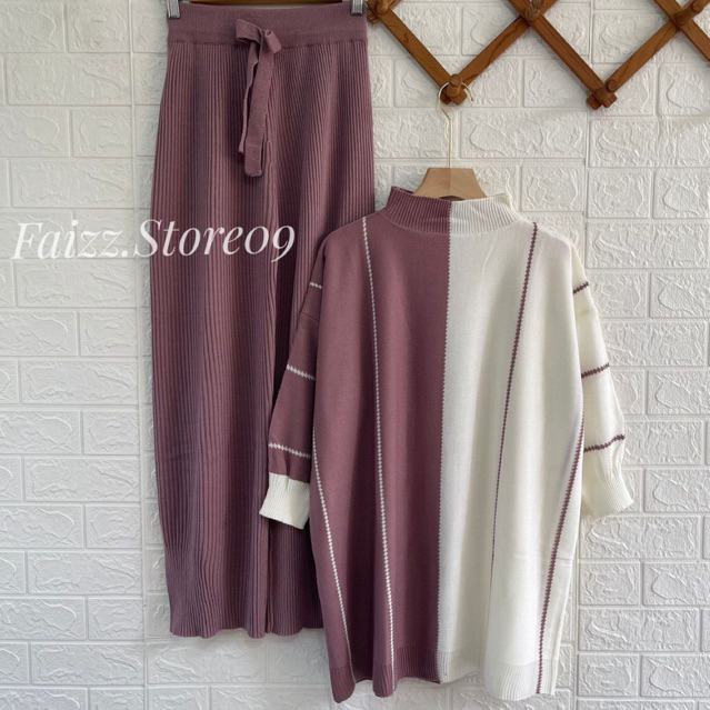 ONESET LAURA  OVERSIZE TOP ATASAN KALONG SETELAN CELANA KULOT RAJUT WANITA OVERSIZED